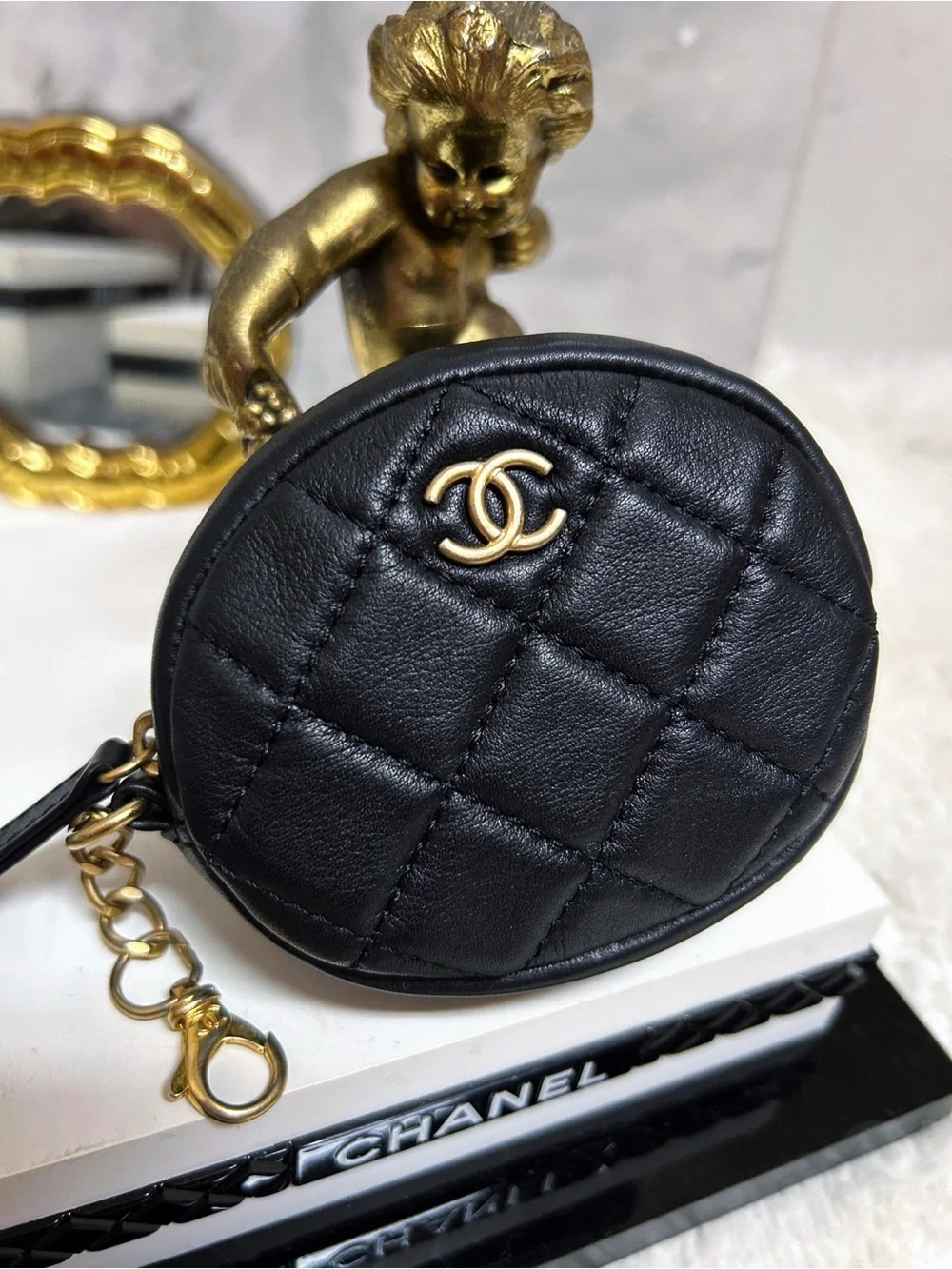 Authentic Chanel 19 CC Round Diamond Quilted Coin Pouch / Bag Charm